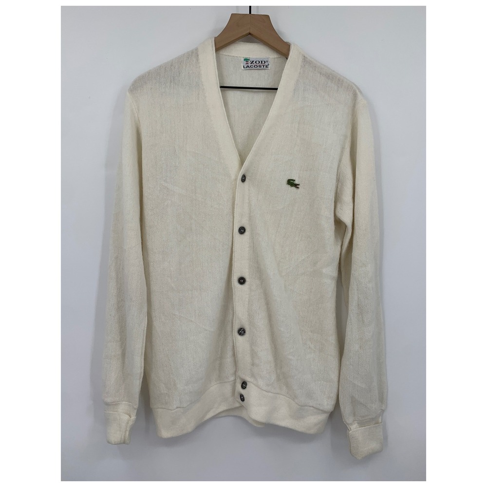 Vintage Izod Lacoste Sweater Mens Large Cream Cardigan Acrylic Knit V-Neck